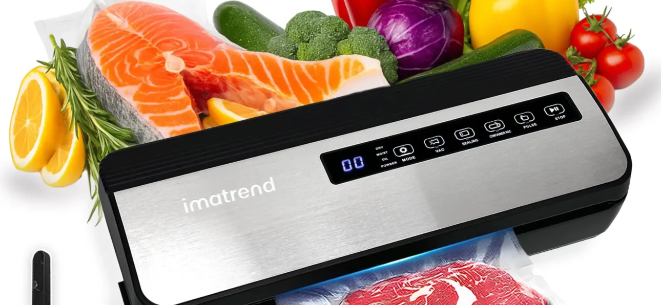 Aparat de vidat alimente Imatrend cu pungi și accesorii, lângă carne, pește și legume proaspete